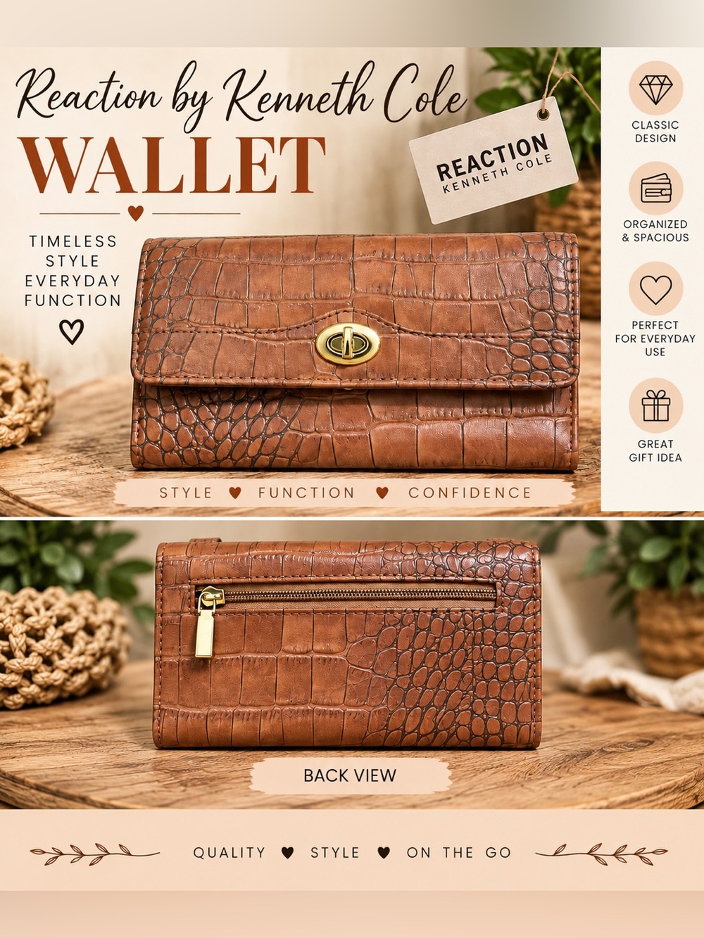 59 Reaction Kenneth Cole Brown Croc-Embossed Wallet with Gold Hardware